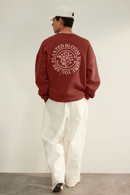 TRENDYOL MAN Kahverengi Oversize/Genis Kesim Cicek Nak?s Ici Polar/S?cak Tutan Pamuk Sweatshirt TMNAW24SW00012 - Trendyolmilla фото 4