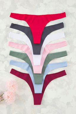 K?rm?z?-Cok Renkli 7li Paket Dikissiz/Iz Yapmaz Lazer Kesim Micro Tanga Orme Kulot THMSS25KU00036