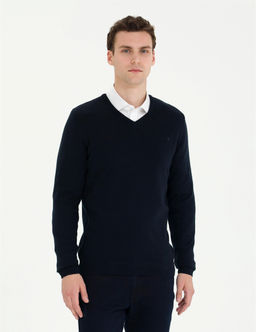 Lacivert Slim Fit V Yaka Basic Triko Kazak - Pierre cardin фото 3