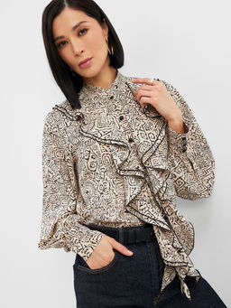 Блузка с отлетными рюшами OD-914-5 бежевый с черным