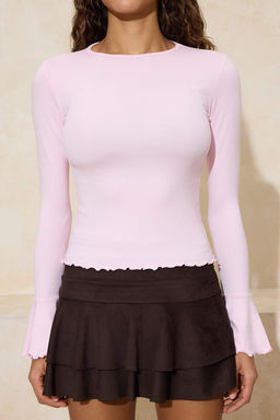 Ac?k Pembe Fitted/Vucuda Oturan Volanl?/F?rf?rl? Yumusak Orme Bluz TWOSS26BZ00152