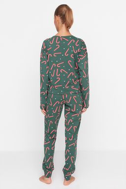 Yesil %100 Pamuklu Y?lbas? Temal? Orme Pijama Tak?m? THMAW21PT0771