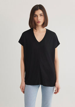 V Yaka Siyah Basic Viskoz Tisort - Mavi фото 3