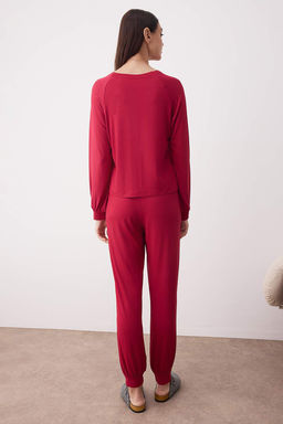 Bordo Duz Viskon Suprem Orme Pijama Tak?m? THMAW26PT00019