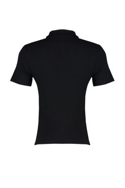 Siyah Polo Yaka Dugmeli K?sa Kol Esnek Fitilli Orme Bluz TWOSS24BZ00111