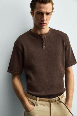 CAMISETA PUNTO CUELLO PANADERO ALGOD?N - LINO / Marr?n - Zara фото 6