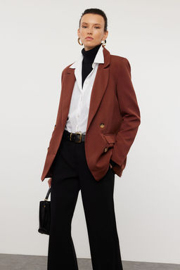 Koyu Kahverengi Regular Astarl? Kruvaze Kapama Dokuma Blazer Ceket TWOAW21CE0264