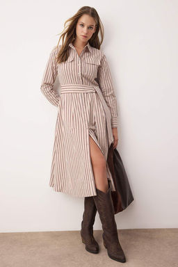 Kahverengi Kusakl? Cizgili Midi Dokuma Gomlek Elbise TWOAW26EL00328 - Trendyolmilla фото 2