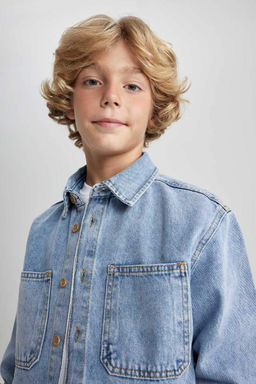 Джинсовая рубашка оверсайз с длинными рукавами для мальчика - Defacto фото 9