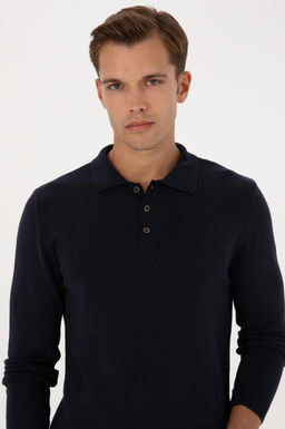 Erkek Slim Fit Polo Yaka Lacivert Basic Kazak