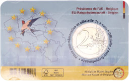 Монета 2 евро 2024 года Бельгия Председательство Бельгии в Европейском Союзе (текст на лицевой стороне блистера на фламандском и английском)