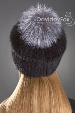 Шапка Буратино норка блэк помпон блюф