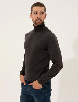 Gri Melanj Slim Fit Bal_k__ Yaka Basic Triko Kazak
