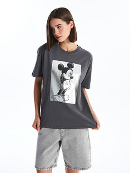 Bisiklet Yaka Mickey Mouse Bask?l? Oversize Kad?n Ti??rt