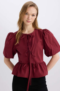 Sevgililer Gunu Bisiklet Yaka Poplin K?sa Kollu Bluz - Defacto фото 4