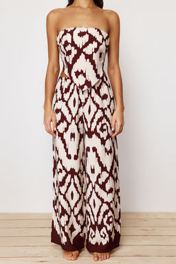 Etnik Desenli Desenli Dokuma Straplez Bluz Pantolon Plaj Tak?m TBESS24AU00017