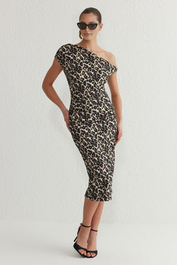 Cok Renkli Leopar Bask?l? Midi Abiye Gece Mezuniyet Elbisesi TPRSS25EL00117