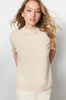 Kahverengi-Bej 2li Paket %100 Pamuk Basic Dik Yaka Orme T-Shirt TWOSS20TS1500