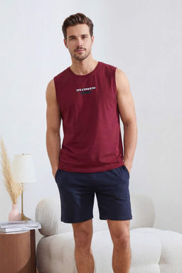 Bordo Regular/Normal Kesim Bask?l? Pamuklu Atlet-Sort Pijama Tak?m? TMNSS26PT00045