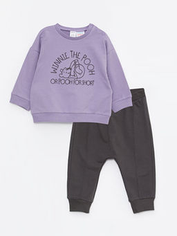 Bisiklet Yaka Uzun Kollu Winnie the Pooh Bask?l? Erkek Bebek Sweatshirt ve Pantolon 2li Tak?m