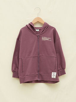 Kap??onlu Bask?l? Uzun Kollu Erkek ?ocuk Fermuarl? Sweatshirt