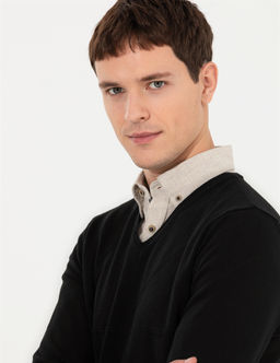 Siyah Slim Fit V Yaka Triko Kazak - Pierre cardin фото 4