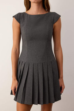 Antrasit Mini Poliviskon Pileli Dokuma Elbise TWOAW26EL00317