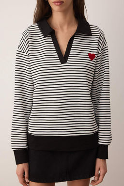 Siyah Cizgili Kalp Nak?sl? Oversize/Genis Kal?p Orme Sweatshirt TWOAW26SW00003 - Trendyolmilla фото 3