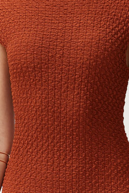 Kiremit Dokulu Kumas Fitted/Vucuda Oturan Ay Kol Esnek Orme Midi Kalem Elbise TWOSS24EL00103