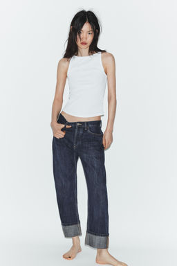 JEANS TRF RECTOS FOLD UP TIRO MEDIO / ?ndigo oscuro