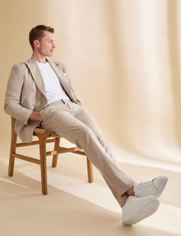 A__k Kahverengi Ex. Slim Fit Keten Kar___ml_ _izgili Kruvaze Tak_m Elbise