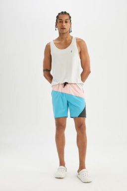 DeFactoFit Regular Fit Bask?l? Esnek Dokulu K?sa Boy Deniz Sortu