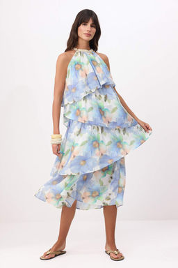 Mavi Desenli Deniz Kabugu Aksesuarl? Maxi Dokuma Elbise TWOSS26EL00663