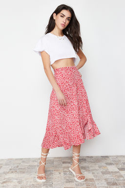 TRENDYOLMILLA K?rm?z? Bask?l? Buzgu Detayl? ve Volanl? Yuksek Bel Esnek Etek TWOSS21ET0029 фото 35
