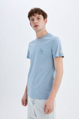 Slim Fit Dar Kesim Bisiklet Yaka Bask?l? K?sa Kollu Tisort