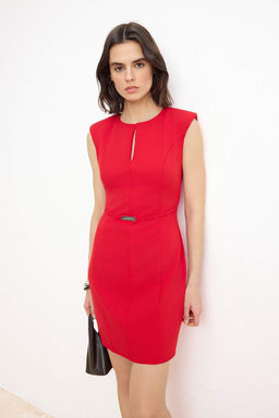 K?rm?z? Kemerli Kolsuz K?sa / Mini Esnek Dokuma Elbise TWOSS26EL00339