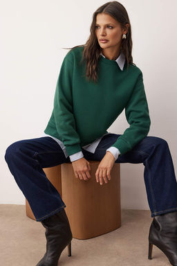 Zumrut Yesili Kal?n Ici Polarl? Regular Kal?p Bisiklet Yaka Basic Orme Sweatshirt TWOAW24SW00101