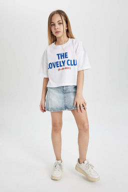 Укороченная футболка с короткими рукавами и принтом для девочек - Defacto фото 2