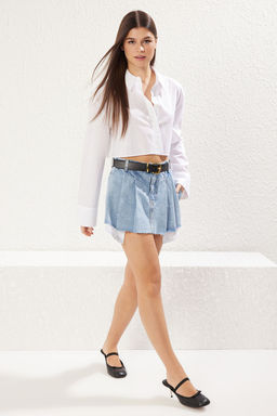 TRENDYOLMILLA Mavi Pileli Normal Bel Mini Denim Sort Etek TWOSS22SR00163 фото 2