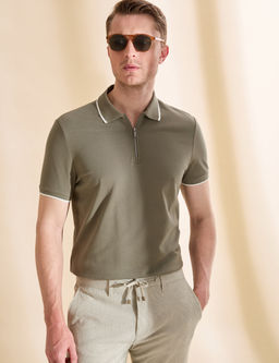 Haki Slim Fit %100 Pamuk Fermuarl_ Polo Yaka Ti__rt