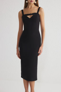 Siyah Vucuda Oturan V Yaka Fiyonk Detayl? Dokuma Abiye Gece Mezuniyet Elbisesi TPRSS25EL00066