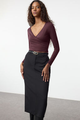 Murdum Derin Kruvaze Yaka Dantel Detayl? Uzun Kol Crop Pamuklu Esnek Orme Bluz TWOAW24BZ00291