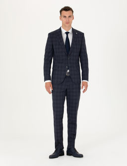 Lacivert Ekose Ekstra Slim Fit Y_n Kar___ml_ Tak_m Elbise
