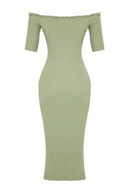 Siyah Duz Midi Dokulu Fitted/Vucuda Oturan Buzgulu Carmen Yaka Esnek Orme Elbise TWOSS25EL00067 - Trendyolmilla фото 14