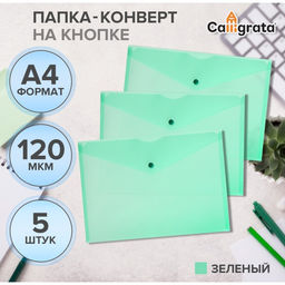 Цена за 2 шт. Набор папок-конвертов на кнопке 5 штук, А4, 120 мкм, Calligrata, прозрачные, зеленые