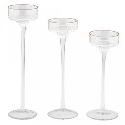 Подсвечник стеклянный "Дейзи" набор 3 штуки: h26,2см, h23см, h20см; чаша д7см, h4,5см, основание д7,5см, золотая отводка, длинная ножка, в коробке (Китай)