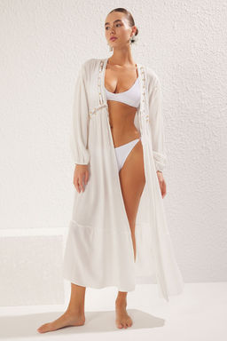 Ekru Maxi Dokuma Serit Aksesuarl? Baglama Detayl? Plaj Kimono&Kaftan TBESS25KM00011 - Trendyolmilla фото 3