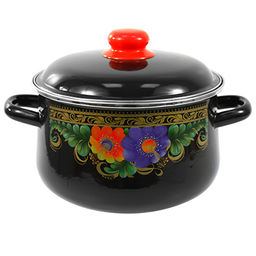 "Вологда" Кастрюля эмалированная 4л, д22см, h13см, коническая форма, металлическая крышка с пластмассовой ручкой-кнопкой, ободок из нержавеющей стали, черный (Россия)