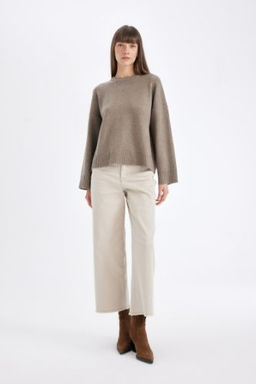 Culotte Gabardin Pantolon Yuksek Bel Basic Duz Cepli Genis Bol Paca