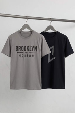 Siyah-Gri 2li Paket Regular/Normal Kal?p Bask?l? %100 Pamuk T-Shirt TMNSS26TS00043